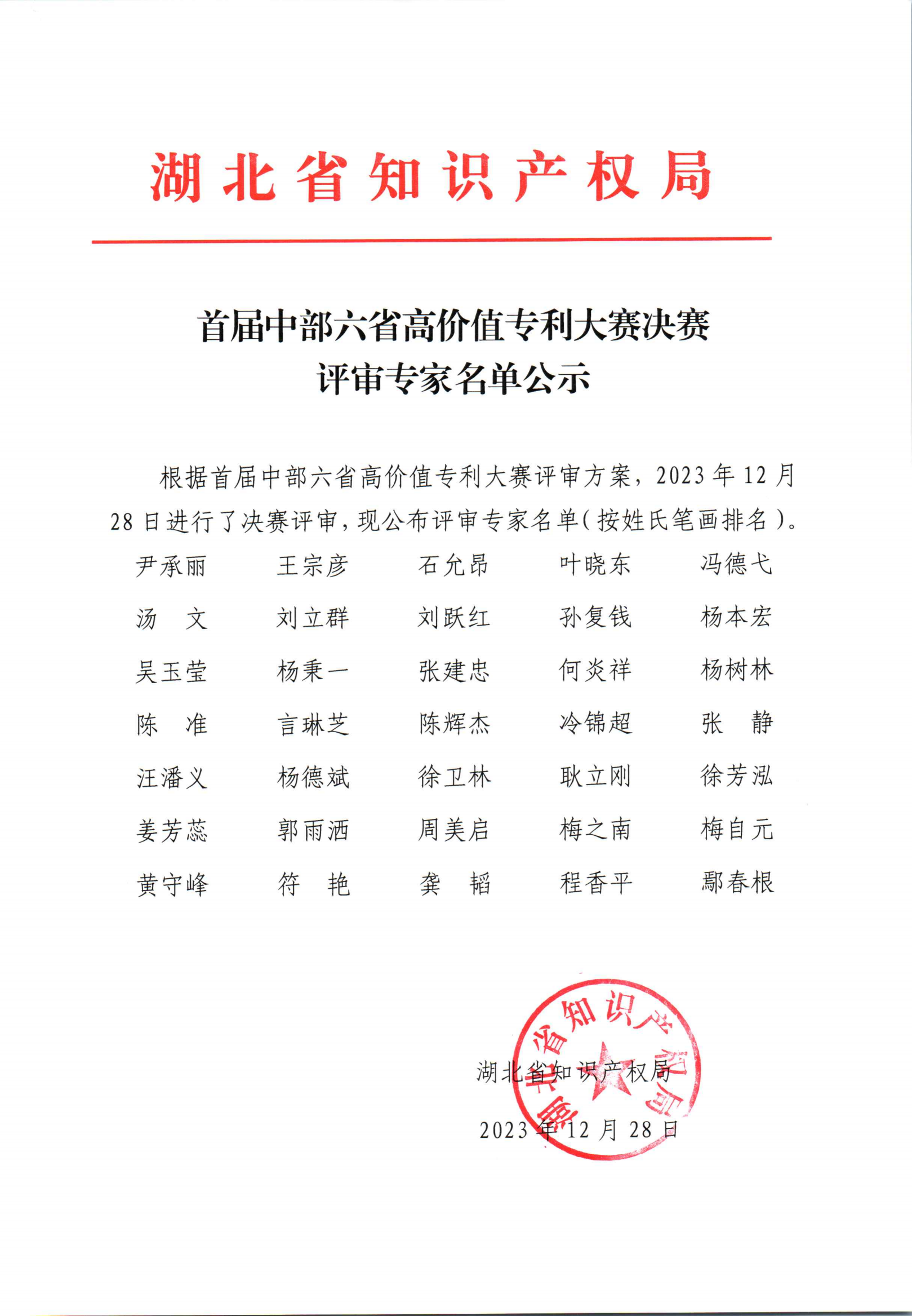 湖北省知識產權局關于首屆中部六省高價值專利大賽決賽評審專家名單公示_00.png